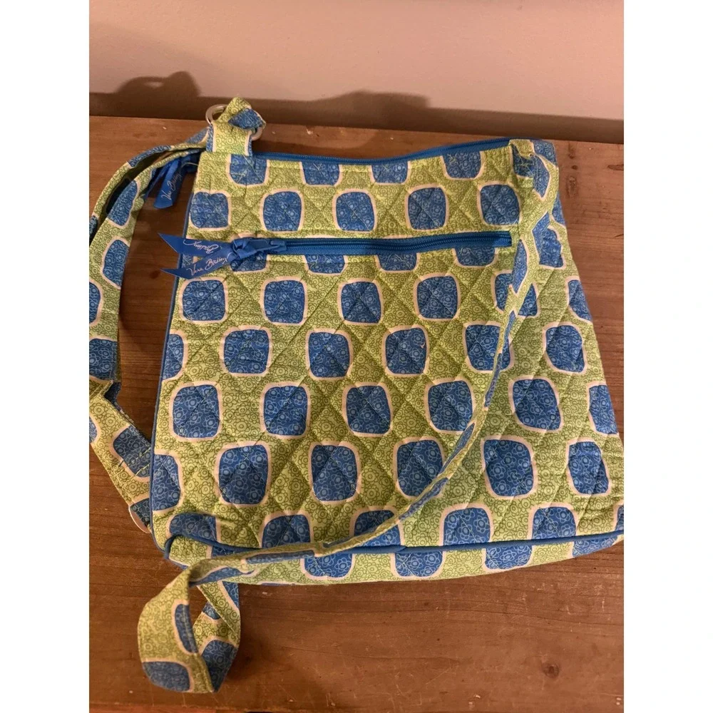 Vera Bradley Hipster Crossbody Bag Green Blue Geometric Floral Quilted Cotton